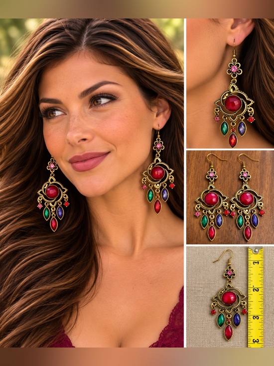 Jewelry - Ornate Red Green Purple Chandelier Statement Earrings